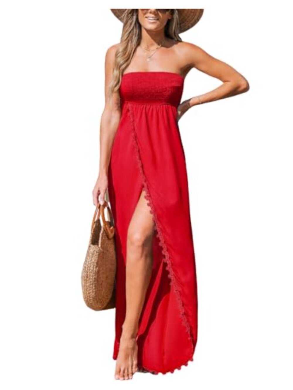 Sleeveless Smocked Maxi Dress Casual Strapless Slit Beach Summer Formal